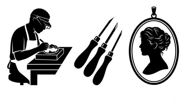 Artisan engraving vintage shell cameo portrait with fine carving chisels and complete female profile silhouette pendant vector illustration set