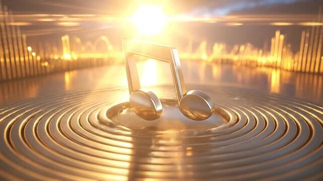 A golden musical note on a reflective surface with abstract background design
