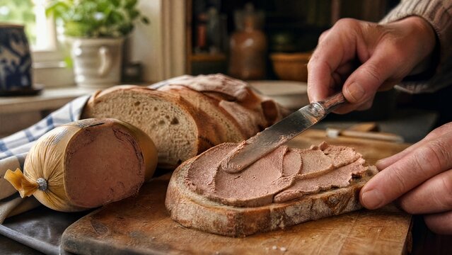 A knife spreading liverwurst onto a slice of bread on a wooden board in a warm kitchen.