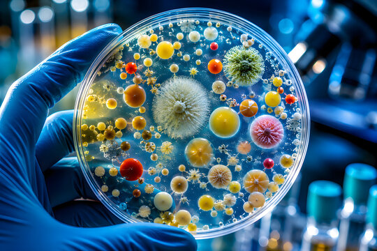 Bacteria culture petri dish in laboratory, microbiology research sample with colorful microbial colonies on agar plate, pathogen testing, antibiotic resistance analysis, sterile glove holding medical 