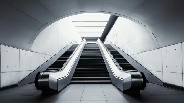 An escalator brings people from a dark underground area to a well lit exit of a modern transport station
