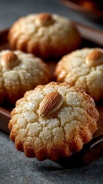 Traditional dibs el kharroub biscuits with almonds on a wooden tray