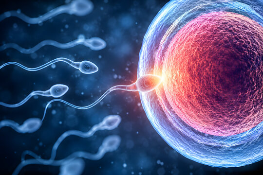 Sperm cell fertilizing human egg, microscopic reproductive biology concept, embryo conception and fertility science, ovum insemination close up, IVF treatment, pregnancy creation, genetic life beginni