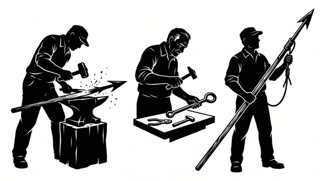 Blacksmith forging traditional harpoon on anvil with metal worker fixing iron spearhead and fisherman holding complete hunting spear vector silhouette set