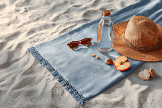 Beach Towel with Sunglasses, Water Bottle and Straw Hat on Sand