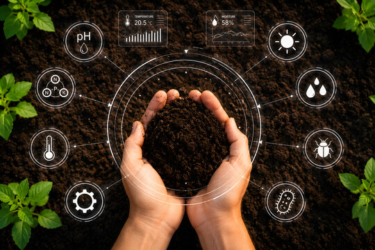 Smart farming hands holding fertile soil, agriculture technology plant growth concept with digital sensor icons, sustainable cultivation, precision farm analytics, organic seedling care, innovation