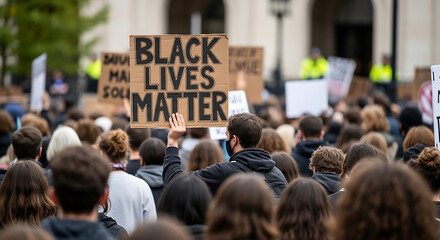 Obraz premium Black Lives Matter Protest Crowd with BLM Signs and Activism Posters