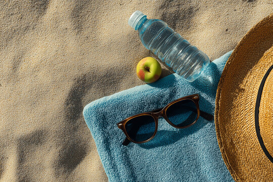 Beach Towel with Sunglasses, Water Bottle and Straw Hat on Sand