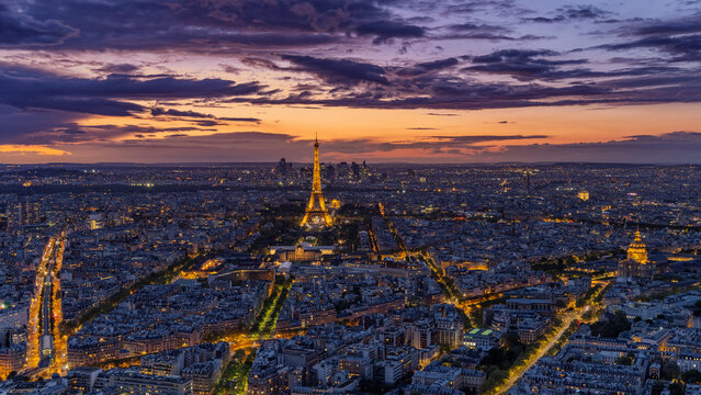 Paris and the Eiffel Tower, Trocadero and river Sein. aerial view looking north towards the Eiffel Tower, historic city skyline and landmarks along the River Seine in France.