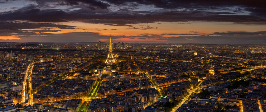Paris and the Eiffel Tower, Trocadero and river Sein. aerial view looking north towards the Eiffel Tower, historic city skyline and landmarks along the River Seine in France.