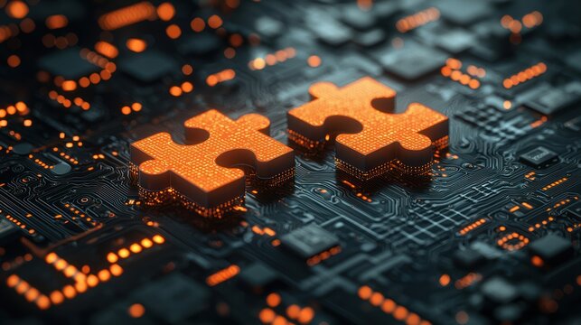 Puzzle pieces on circuit board, technology solution, connection, background lights, website header