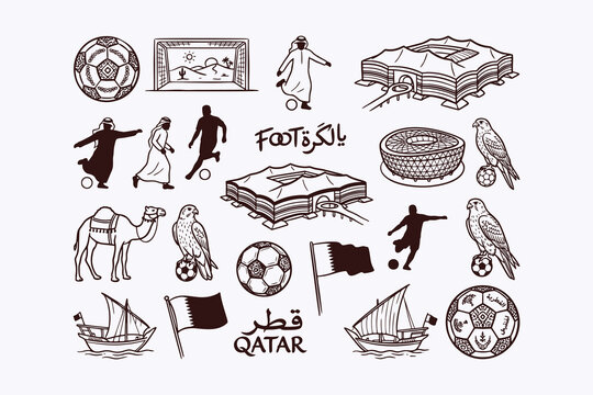 Qatar Football and Culture Hand Drawn Doodle Set