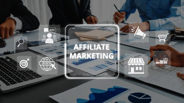 A team of professionals engaged in a business meeting focused on affiliate marketing. Various digital tools and data analysis are used to devise effective online strategies. Raster