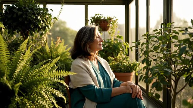 Mature woman relaxes in greenhouse with plants around. Woman enjoys sunlight in plant-filled greenhouse. Relaxing woman sits among plants in sunny greenhouse. Woman in peaceful greenhouse.