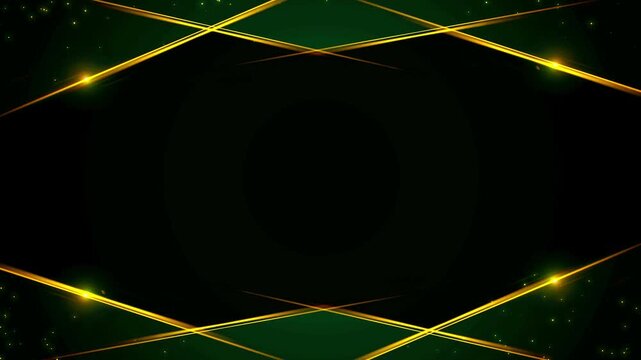 Luxury background featuring dark green layers crossed by glowing golden lines and gold dust.
