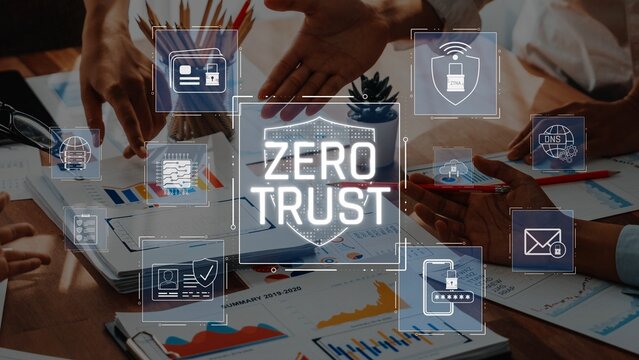 This image showcases a collaborative workspace focused on the Zero Trust security model, integrating digital icons and analytical charts for effective strategy development. Raster