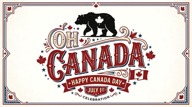 Vintage canada day graphic with bear maple leaf and patriotic typography