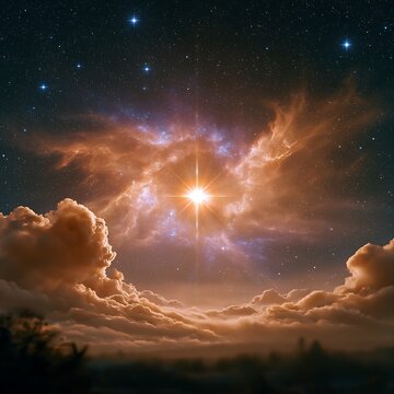 Bright 3C 273 quasar shining through a glowing nebula above clouds