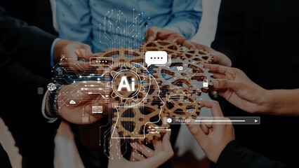 A group collaboration showcasing hands coming together to support AI technology, symbolizing teamwork and innovation in a modern business environment. Raster © InfiniteFlow