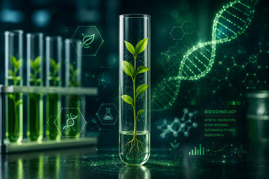 Laboratory biotechnology research with green plant leaves in glass test tube, glowing DNA double helix and molecular science visualization, genetic engineering, plant genetics, agricultural biotechnol