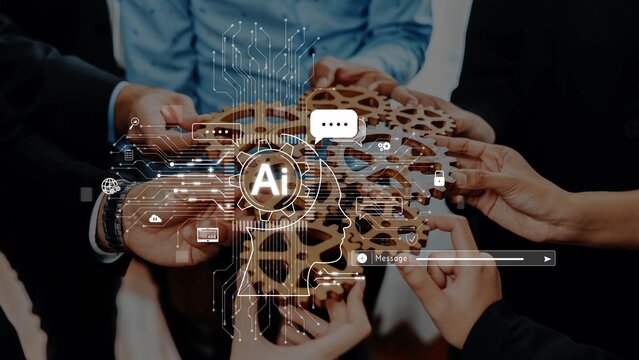 A group collaboration showcasing hands coming together to support AI technology, symbolizing teamwork and innovation in a modern business environment. Raster