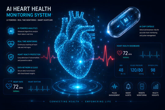 AI heart health monitoring system, glowing digital human heart visualization with ECG heartbeat waveform and wearable medical device, cardiovascular health tracking, cardiac monitoring, vital signs an