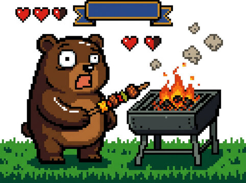Pixel art brown bear character shocked while grilling meat skewer over charcoal barbecue in retro 8 bit video game style with heart health bar and status banner on white background design.