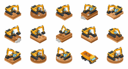 Collection of Isometric Construction Excavator Machines and Dump Truck. © Agu