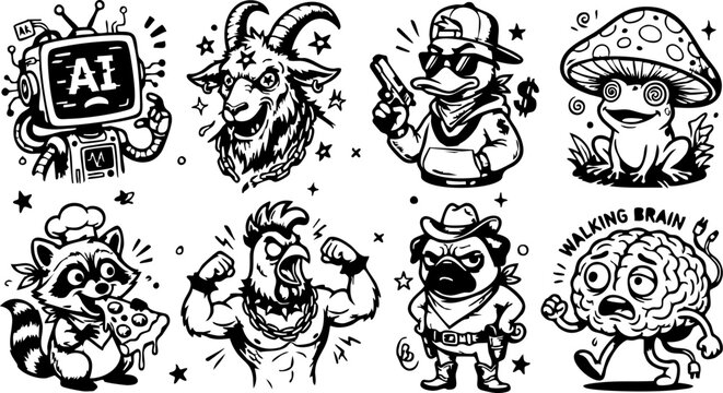 Black and White Cartoon Character Sticker Set Illustrations