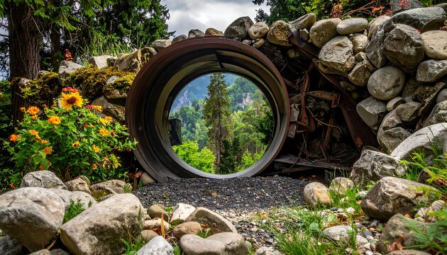 A stone wall with a round window overlooking a scenic view