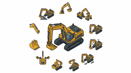 Collection of Yellow Excavator Construction Machines Arranged in Circle. © Agu
