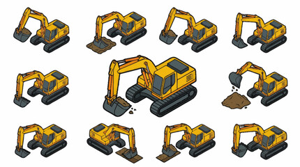 Collection of Yellow Excavator Machines in Isometric View. © Agu