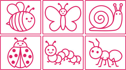 Cute pink cartoon insects bee butterfly snail ladybug caterpillar ant. © Sadhin