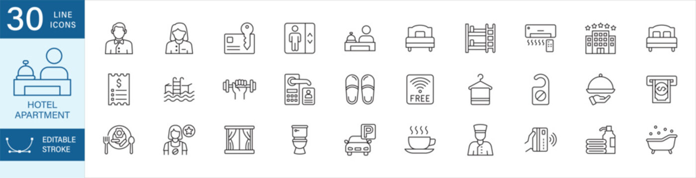 Hotel and apartment icon set. Containing : reception bell, receptionist, cafe, receipt, laundry, bellboy, room key, elevator, bed size, swimming pool, room service, parking, chef, service, gym, spa.