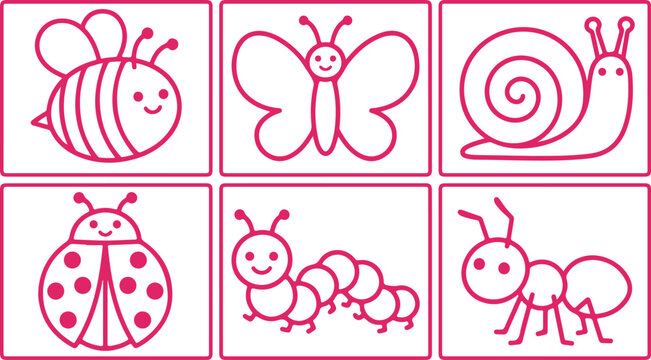 Cute pink cartoon insects bee butterfly snail ladybug caterpillar ant.