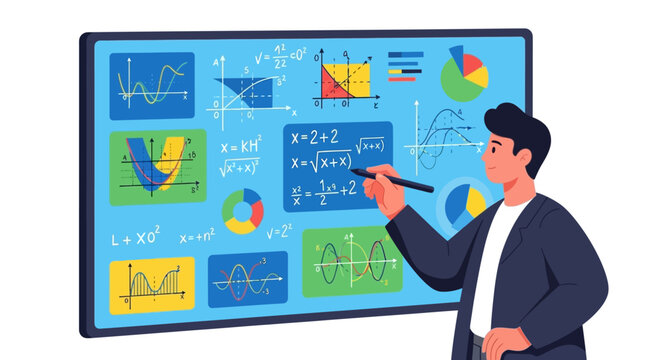 Man teaching mathematics on a digital whiteboard with graphs and equations.
