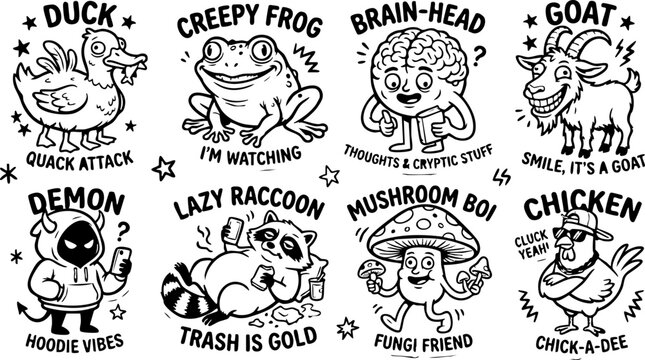Funny Cartoon Animal Sticker Set Black and White Doodle Art