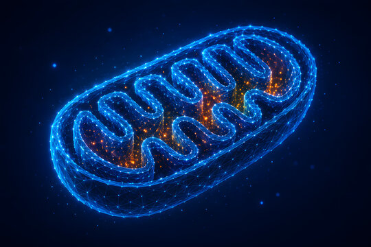 Mitochondria glowing blue cellular organelle energy production microscopic biology visualization, detailed mitochondrial structure with illuminated cristae, cellular respiration, metabolism, biotechno