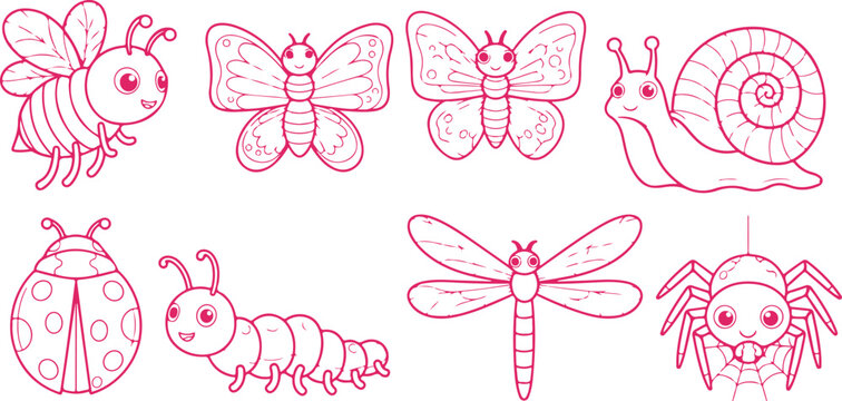 Funny insects and bugs cartoon characters, ladybug, butterfly, snail, spider.