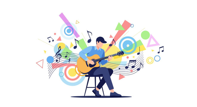 Man playing acoustic guitar with musical notes and abstract shapes.