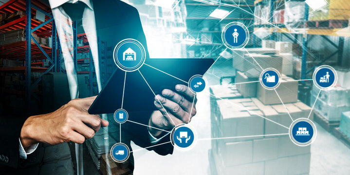 Smart warehouse management system with innovative internet of things technology to identify package picking and delivery . Future concept of supply chain and logistic network business .