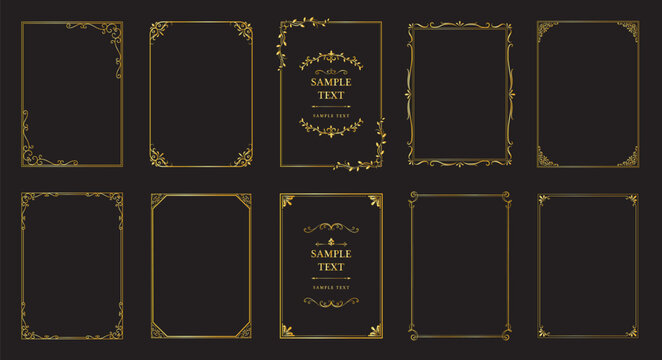 Set of elegant golden vintage frames on black background, luxury decorative borders collection for invitations, certificates, branding, wedding design and premium templates.