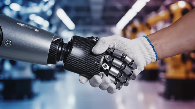 Robotic hand and human hand in white glove engage in handshake inside a modern industrial facility with robotic arms and machinery in the background