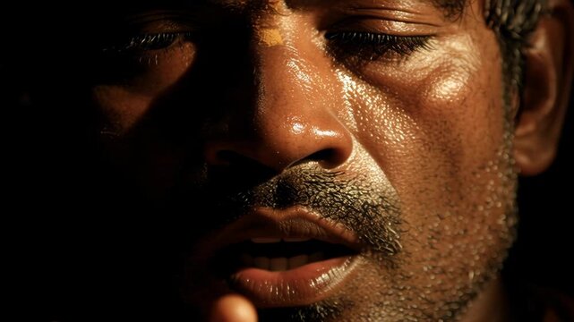 Extreme close up of a sweating Indian man praying with closed eyes and joined hands during a deep spiritual ritual or meditation.