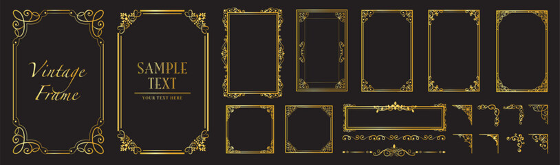 Luxury golden ornamental frame collection isolated on black background, elegant vintage borders for invitations, greeting cards, branding, menus and premium stationery. © HarutoTanaka88