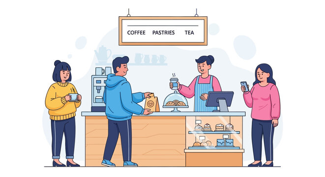 People ordering and receiving coffee and pastries at a cafe counter.