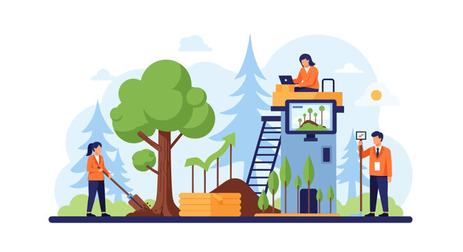 People planting trees and monitoring growth with technology.