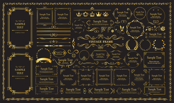 Luxury vintage gold frame collection on black background with decorative borders, ornaments, labels and elegant elements for invitations, branding and premium design.