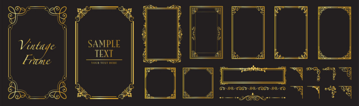 Luxury golden ornamental frame collection isolated on black background, elegant vintage borders for invitations, greeting cards, branding, menus and premium stationery.