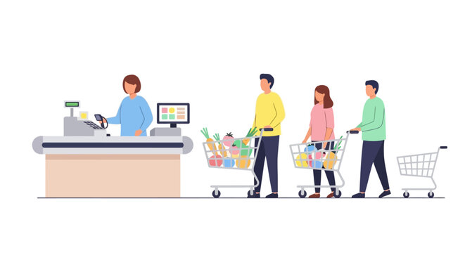 People queuing at supermarket checkout counter with shopping carts.